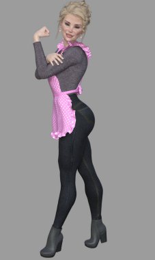 Cecily 'nin tam boy yan portresi. Sarışın, mavi gözlü, güzel bir kadın. İzole bir arka planda kol kaslarını kasıyor. Cecily üç boyutlu bir illüstrasyon karakter modellemesidir..