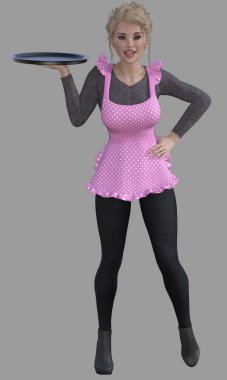 Cecily 'nin tam boy portresi, mutlu, gülümseyen, güzel, sarışın, mavi gözlü, bayan garson kafeterya çalışanı, izole bir arka planda tepsi tutuyor. Cecily üç boyutlu bir illüstrasyon karakter modelleme işidir..