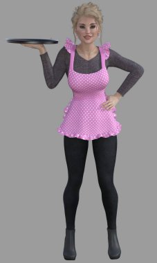 Cecily 'nin tam boy portresi, mutlu, gülümseyen, güzel, sarışın, mavi gözlü, bayan garson kafeterya çalışanı, izole bir arka planda tepsi tutuyor. Cecily üç boyutlu bir illüstrasyon karakter modelleme işidir..