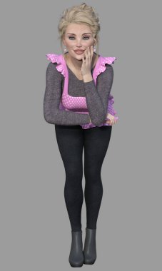 Cecily 'nin tam boy portresi, genç, sarışın, güzel, mavi gözlü, fırın işçisi kadın ya da görünmez tezgaha yaslanan kadın fırıncı şef ya da izole bir arka plan. Cecily üç boyutlu bir illüstrasyon karakter modelleme işidir..