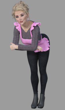 Cecily 'nin tam boy portresi, genç, sarışın, güzel, mavi gözlü, fırın işçisi kadın ya da görünmez tezgaha yaslanan kadın fırıncı şef ya da izole bir arka plan. Cecily üç boyutlu bir illüstrasyon karakter modelleme işidir..