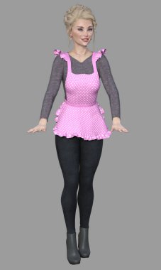 Cecily 'nin tam boy portresi, genç, sarışın, güzel, mavi gözlü, fırın işçisi kadın ya da görünmez tezgaha yaslanan kadın fırıncı şef ya da izole bir arka plan. Cecily üç boyutlu bir illüstrasyon karakter modelleme işidir..