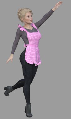 Cecily 'nin tam boy portresi, pembe önlüklü, sarı saçlı, üst raftan bir şey almaya çalışan genç ve güzel bir tezgahtar. Cecily, izole edilmiş bir arkaplanda oluşturulan üç boyutlu bir illüstrasyon karakter modelidir..