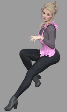 Cecily 'nin tam boy portresi. Sarışın, mavi gözlü, önlüklü, izole edilmiş bir arka planda görünmez tabureye yaslanmış güzel bir kadın. Cecily üç boyutlu bir illüstrasyon karakter modellemesidir..