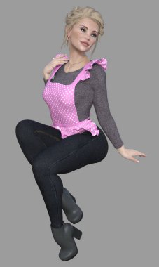 Cecily 'nin tam boy portresi, genç, sarışın, mavi gözlü, önlük takan, izole bir arka planda görünmez bir taburede oturan güzel bir kadın. Cecily üç boyutlu bir illüstrasyon karakter modellemesidir..