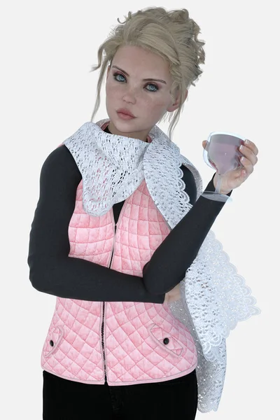 Cecily 'nin portresini yakından çek. Sarışın, mavi gözlü, yalnız bir arkaplanda eli boş duran güzel bir kadın. Cecily üç boyutlu bir illüstrasyon karakter modellemesidir..