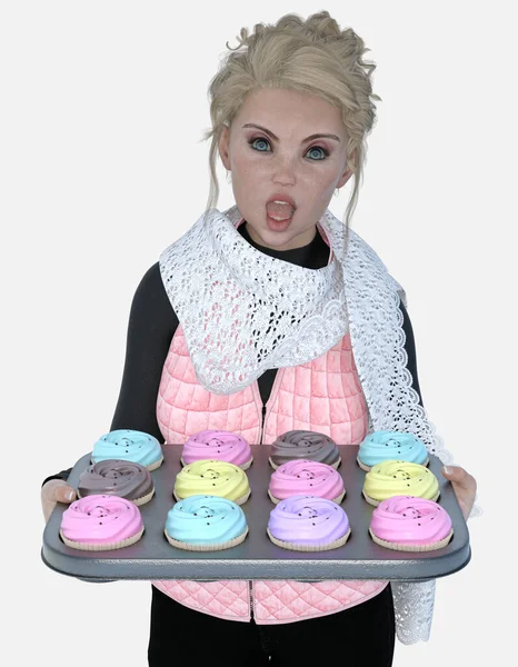 Cecily 'nin yakın plan portresi, izole edilmiş beyaz arka planda duran bir doğum günü partisi için elinde kek tepsisi tutan güzel sarışın fırıncı kız. Cecily üç boyutlu bir illüstrasyon karakter modelleme işidir..