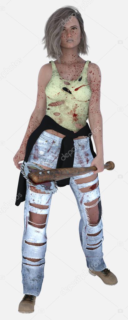 Full length of Nola, a young beautiful brunette woman traveler in a dystopian post-apocalyptic world standing holding a baseball bat ready to fight. Nola is a 3D illustration character model rendering render.