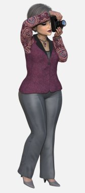 Beth 'in tam boy portresi, gri saçlı ve büyük mavi gözlü orta yaşlı bir kadın izole edilmiş beyaz bir arka planda fotoğrafçı olarak fotoğraf çekiyor. Beth 3 boyutlu bir illüstrasyon karakter modelleme sunucusudur.