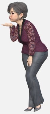 Beth 'in tam boy portresi, orta yaşlı güzel bir kadın, kısa gri saçlı, büyük mavi gözlü, erik rengi bir iş elbisesi giymiş, öpüşen ya da sihirli tozlu Beth, izole edilmiş beyaz bir arka plan üzerine çizilmiş 3 boyutlu bir çizim karakteri..