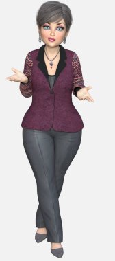 Beth 'in tam boy portresi. Orta yaşlı güzel bir kadın. Kısa gri saçlı, büyük mavi gözlü, erik rengi takım elbiseli. Beth, izole edilmiş beyaz bir arkaplan üzerinde üç boyutlu bir illüstrasyon karakter modelidir..