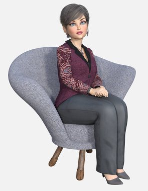 Beth 'in tam boy portresi, orta yaşlı güzel bir kadın, kısa gri saçlı ve büyük mavi gözlü, erik rengi bir iş elbisesi içinde gri döşemeli bir fan sandalyesinde oturuyor. Beth, izole edilmiş beyaz bir arkaplan üzerinde üç boyutlu bir illüstrasyon karakter modelidir..