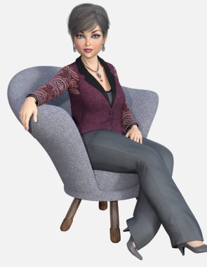 Beth 'in tam boy portresi, orta yaşlı güzel bir kadın, kısa gri saçlı ve büyük mavi gözlü, erik rengi bir iş elbisesi içinde gri döşemeli bir fan sandalyesinde oturuyor. Beth, izole edilmiş beyaz bir arkaplan üzerinde üç boyutlu bir illüstrasyon karakter modelidir..