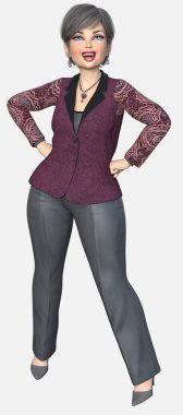 Beth 'in tam boy portresi. Orta yaşlı, güzel bir kadın. Kısa gri saçlı, büyük mavi gözlü, erik rengi takım elbiseli. Beth, izole edilmiş beyaz bir arkaplan üzerinde üç boyutlu bir illüstrasyon karakter modelidir..