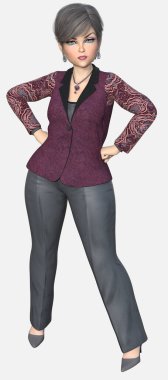 Beth 'in tam boy portresi. Orta yaşlı, güzel bir kadın. Kısa gri saçlı, büyük mavi gözlü, erik rengi takım elbiseli. Beth, izole edilmiş beyaz bir arkaplan üzerinde üç boyutlu bir illüstrasyon karakter modelidir..