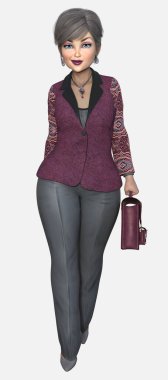 Beth 'in tam boy portresi. Orta yaşlı, güzel, profesyonel bir kadın. Kısa gri saçlı ve büyük mavi gözlü. Beth, izole edilmiş beyaz bir arkaplan üzerinde üç boyutlu bir illüstrasyon karakter modelidir..