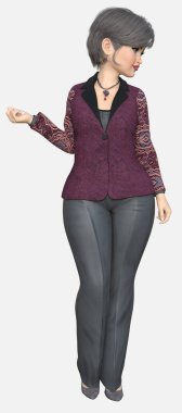 Beth 'in tam boy portresi. Orta yaşlı güzel bir kadın. Kısa gri saçlı, büyük mavi gözlü. Beth, izole edilmiş beyaz bir arkaplan üzerinde üç boyutlu bir illüstrasyon karakter modelidir..