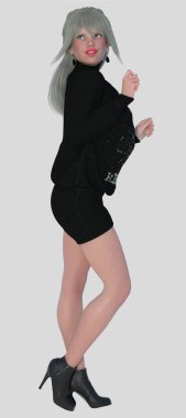 Elle 'in tam boy profilli portresi, izole edilmiş beyaz bir arka planda gülümseyen mutlu bir ifadeyle duran güzel sarışın bir kadın. Elle, 3 boyutlu bir illüstrasyon karakter modelleme işidir..