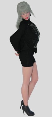 Elle 'in tam boy profilli portresi, izole edilmiş beyaz bir arka planda gülümseyen mutlu bir ifadeyle duran güzel sarışın bir kadın. Elle, 3 boyutlu bir illüstrasyon karakter modelleme işidir..