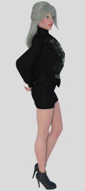 Elle 'in tam boy profilli portresi, izole edilmiş beyaz bir arka planda gülümseyen mutlu bir ifadeyle duran güzel sarışın bir kadın. Elle, 3 boyutlu bir illüstrasyon karakter modelleme işidir..