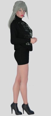 Elle 'in tam boy yan portresi, soyutlanmış beyaz bir arkaplanda somurtkan bir ifadeyle duran güzel sarışın bir kadın. Elle, 3 boyutlu bir illüstrasyon karakter modelleme işidir..