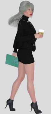 Elle 'in tam boy profilli portresi, işe elinde dosya klasörüyle yürüyen güzel sarışın bir kadın ve izole edilmiş beyaz bir arka planda kahve fincanı taşıyor. Elle, 3 boyutlu bir illüstrasyon karakter modelleme işidir..