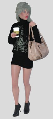 Elle 'in tam boy portresi, pembe bir çanta taşıyan, yürüyen ve kahve fincanı taşıyan genç güzel sarışın bir kadın izole edilmiş arka planda işe giderken omzunun üzerinden bakıyor. Elle, 3 boyutlu bir illüstrasyon karakter modelleme işidir..