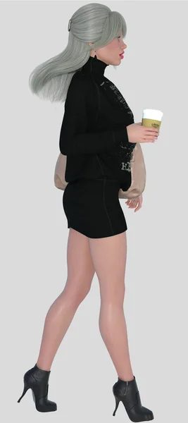 Портрет Еллі Молодої Красивої Блондинки Ходить Носить Рожевий Сумочок Чашку — стокове фото