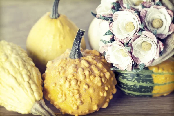 Pompoenen op houten vintage achtergrond — Stockfoto