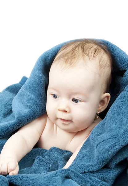 Cute baby hideing in blue blanket — Stock Photo, Image