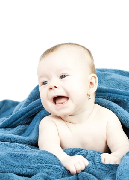 Cute baby hideing in blue blanket — Stock Photo, Image