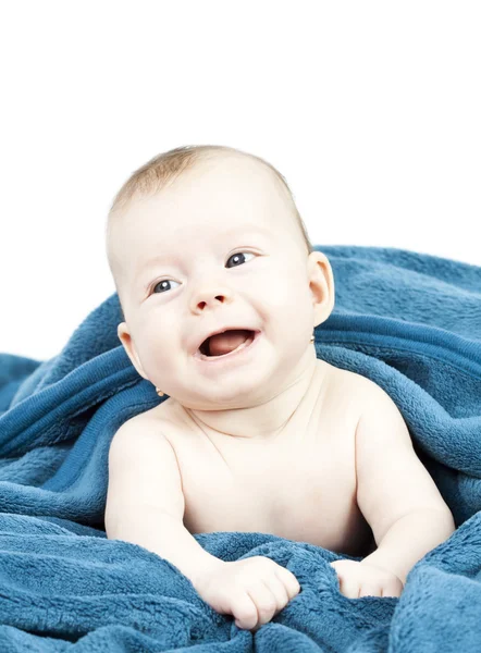 Cute baby hideing in blue blanket — Stock Photo, Image