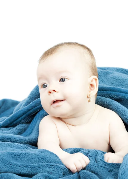 Cute baby hideing in blue blanket — Stock Photo, Image