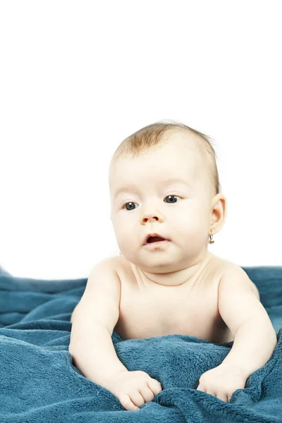 Cute baby hideing in blue blanket — Stock Photo, Image