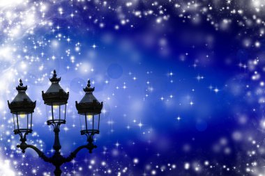 Noel tebrik kartı - beyaz gece yıldızlar ve sokak lambası
