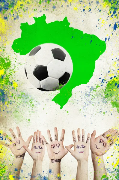 Soccer ball, Brazil map and colors of the flag — Stock Photo, Image