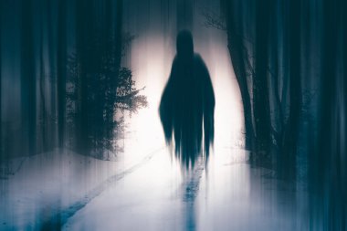 Kasvetli, sisli bir kış gününde bir ormanı büyüleyen hayalet figürünün korku arka planı. Cadılar Bayramı konsepti