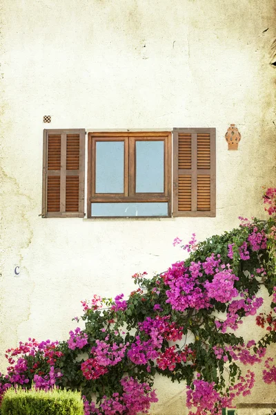 Janela com persianas de madeira abertas — Fotografia de Stock