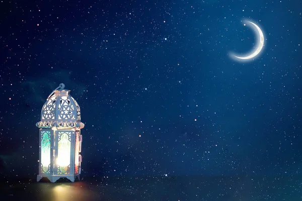 Ornamental Arabic Lantern Crescent Moon Glowing Night Festive Greeting Card — Stock Photo, Image