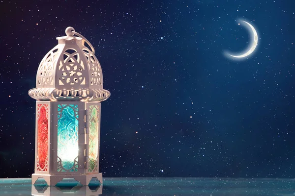 Ornamental Arabic Lantern Crescent Moon Glowing Night Festive Greeting Card — Stock Photo, Image