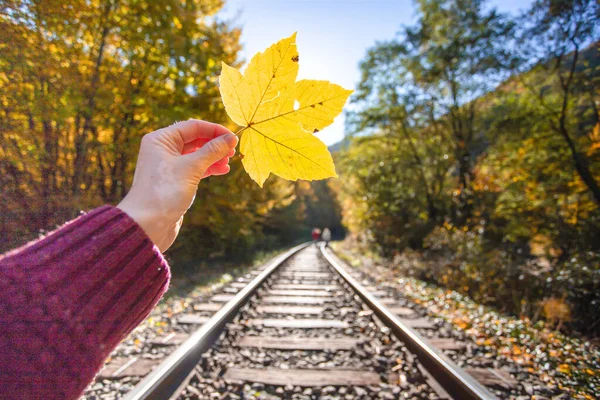 Moody Photo Hand Holding Yellow Maple Leaf Background Autumn Train — Stock Photo, Image