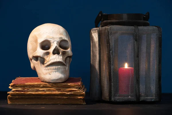 Vintage Skull Antique Book Candle Halloween Concept — Stock Photo, Image