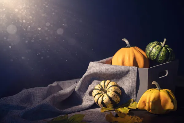 Rustik Höst Stilleben Med Pumpor Och Korg Ett Träbord Halloween — Stockfoto