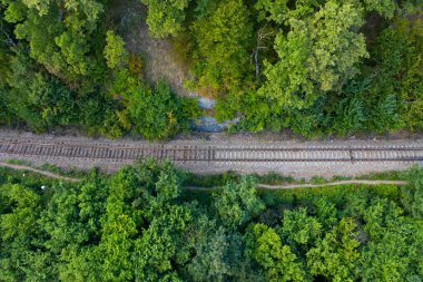 Yeşil ormandaki tren yolunun havadan görünüşü.. 