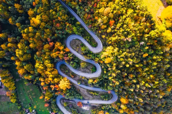 Luftaufnahme Einer Kurvenreichen Straße Durch Den Bunten Herbstwald — Stockfoto