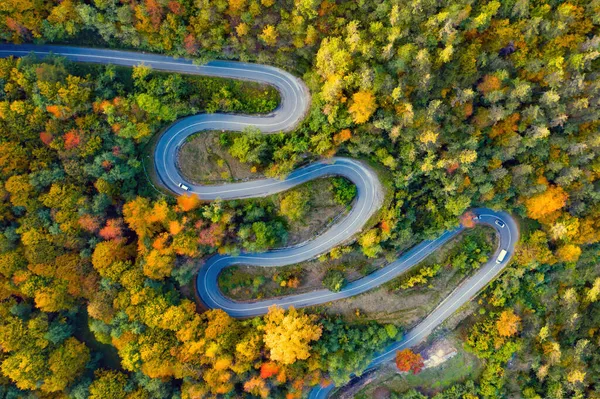 Luftaufnahme Einer Kurvenreichen Straße Durch Den Bunten Herbstwald — Stockfoto