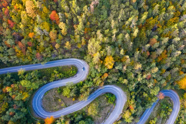 Вид Повітря Вигнуту Дорогу Через Барвистий Осінній Ліс — стокове фото