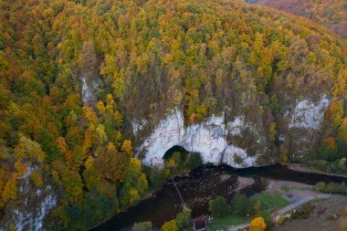 Ungurul Mare mağarası yakınlarındaki Crisul Repede nehrinin insansız hava aracı görüntüsü. Apuseni dağları, Bihor, Romanya.