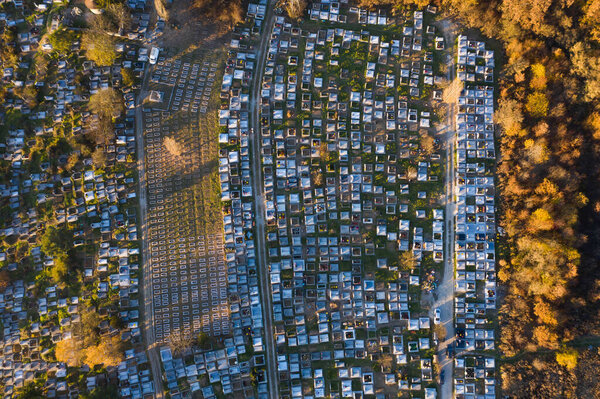Aerial drone view of cemetery and graves. Graveyard, view from above.