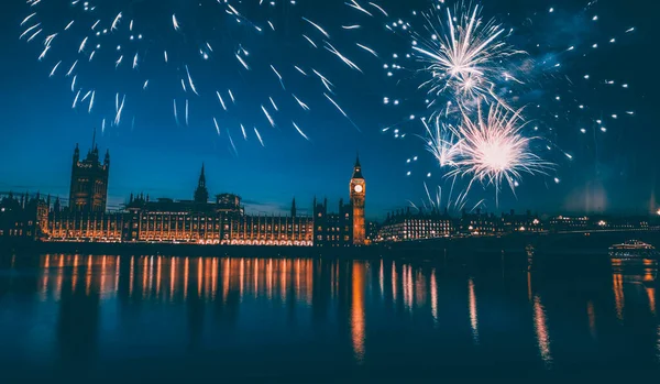 Big Ben Com Fogos Artifício Celebração Ano Novo Casa Parlamento — Fotografia de Stock